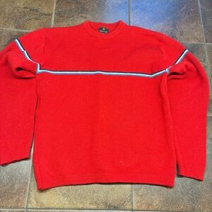 Women's Wool Red Crewneck Sweater with Contrast Chest Stripe